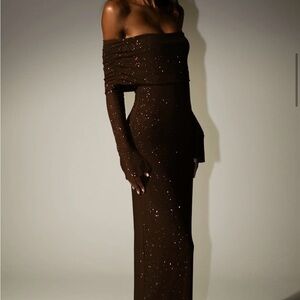 NWT Meshki Marcel Sequin Off the Shoulder Dress - Chocolate